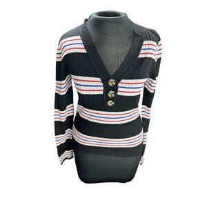 Womens Ribbed Knit Striped Sweater With Button Detail V-Neck Long Sleeve Black M